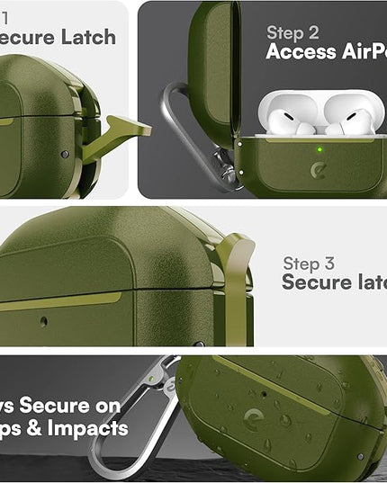 Keybudz for AirPods Pro 2 Case with Lock - Fully Waterproof AirPods Pro 2nd Generation Case Cover - Keychain, Rugged Tough Protection, Hard Shell and Carabiner for USB-C/Lightning (Forest Green)