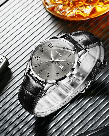 Men Dress Watch Waterproof Leather Watches for Men with Day Date Luxury Large Arabic Numerals Analog Quartz Classic Leather Watch Easy Read relojes para Hombres