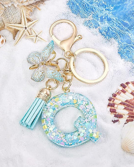 Fashion Alphabet Initial Letter Keychain Tassel Butterfly Pendant Key Ring for Purse Handbags Women Girl