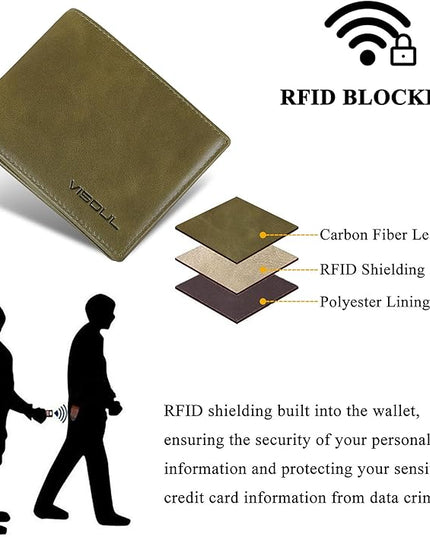 VISOUL Men's Bifold Wallet with 2 ID Windows, Genuine Leather Card Holder Front Pocket Wallet with RFID Blocking for Men (Green)