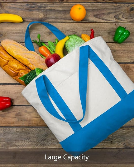 TOPDesign 1-Pack Canvas Tote Bag with an External Pocket, Reusable Grocery Shopping Bag, Top Zipper Closure, Daily Essentials (Ocean Blue/Natural)