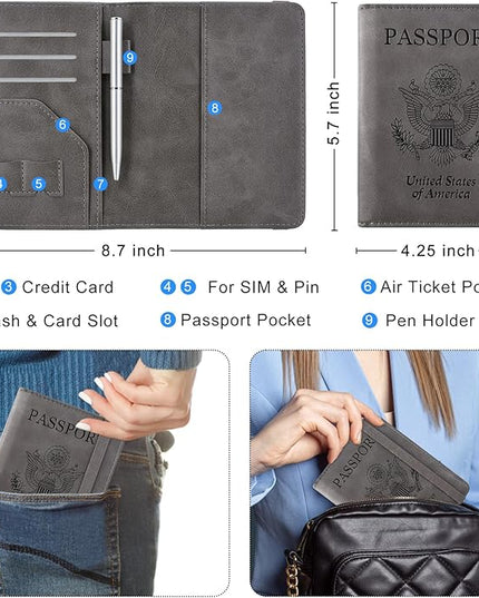 ACdream RFID BLOCKING Passport Holder Travel Wallet, Premium PU Leather Cover Passport Book with Card Holder, Pen Holder, Keep Organization, and Travel Essentials for Women and Men, Grey