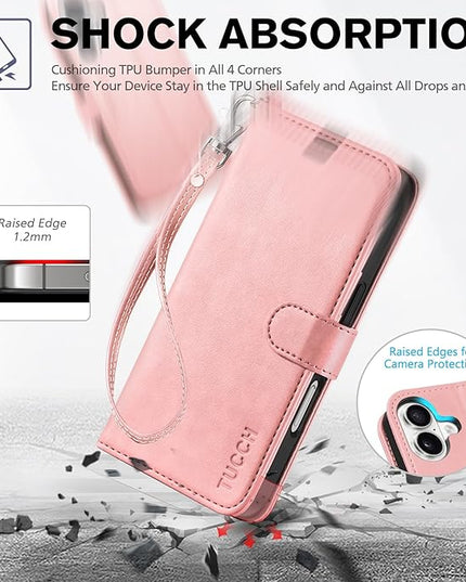 TUCCH Wallet Case for iPhone 16 5G, [Wrist Strap] Kickstand RFID Blocking 4 Card Slots Magnetic Closure, PU Leather Shockproof TPU Shell Compatible with iPhone 16 2024, Rose Gold with Wristlet