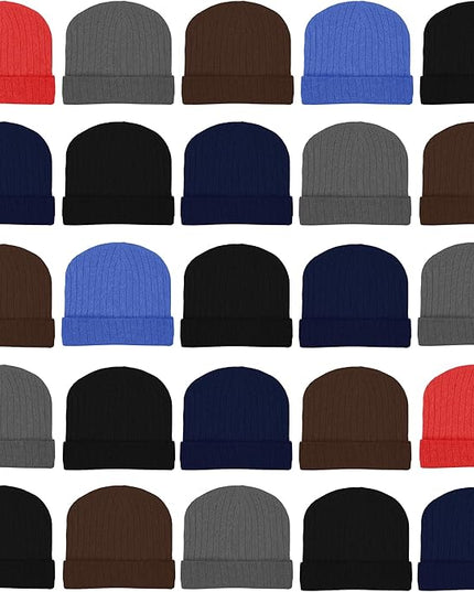 25 Pack Winter Beanie Hats, Unisex Thermal Toboggan Cold Weather Cuffed Caps Bulk Bundle