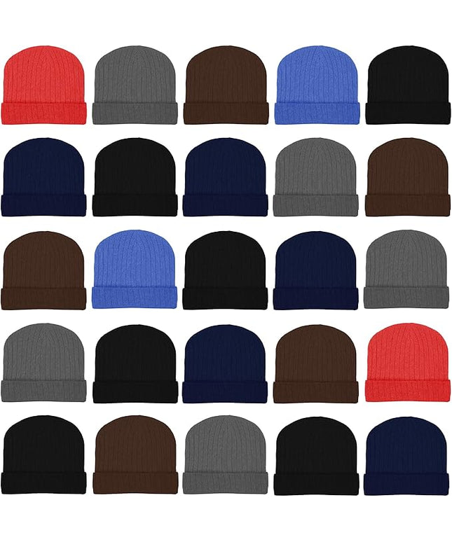 25 Pack Winter Beanie Hats, Unisex Thermal Toboggan Cold Weather Cuffed Caps Bulk Bundle
