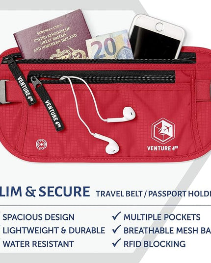 VENTURE 4TH Money Belt for Travel – Hidden Under-Clothes RFID Blocking Passport Holder & Slim Travel Wallet Pouch for Men & Women to Protect Cash, Cards & Documents (Red)