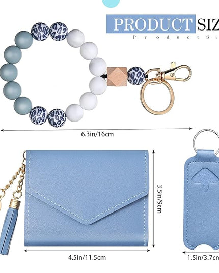 Weewooday Wristlet Bracelet Keychain Wallet Gift for Women Christmas Small Silicone Beaded Keyring Purse Leather Card Holder(Sky Blue)
