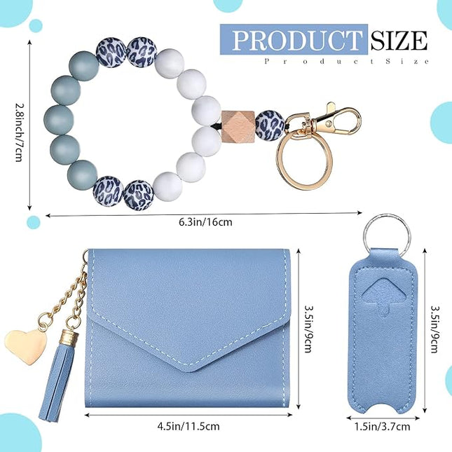 Weewooday Wristlet Bracelet Keychain Wallet Gift for Women Christmas Small Silicone Beaded Keyring Purse Leather Card Holder(Sky Blue)