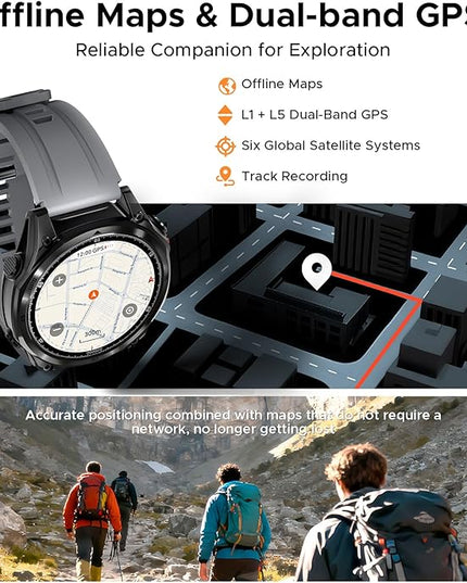 DOOGEE Anywise W1 Pro Mens Smart Watch, 5ATM Dual-Band GPS Offline Maps,1.43'' Fitness Smartwatches for Android Phone/iPhone Compatible,170+ Sports Modes, Answer/Make Calls/18 Days Battery/2 Strap