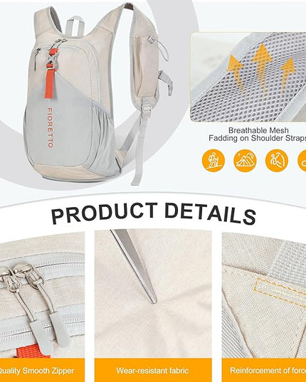 FIORETTO 15L Hiking Backpack for Women Men Mini Packable Backpack Lightweight Small Daypack for Camping Travel Outdoor, Beige
