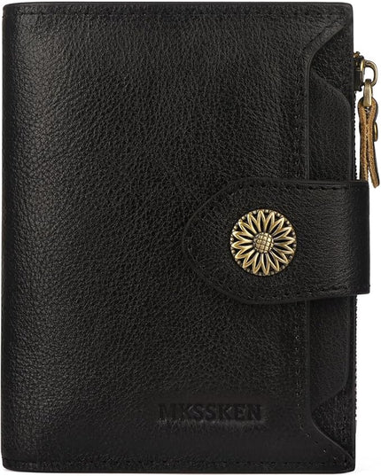 MKSSKEN Wallet Women,Rfid Blocking Leather Womens Wallet,Bifold Compact Carteras Para Mujer Card Holder with Removable ID Window(black)