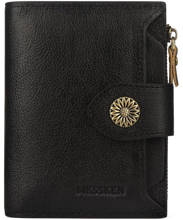 MKSSKEN Wallet Women,Rfid Blocking Leather Womens Wallet,Bifold Compact Carteras Para Mujer Card Holder with Removable ID Window(black)