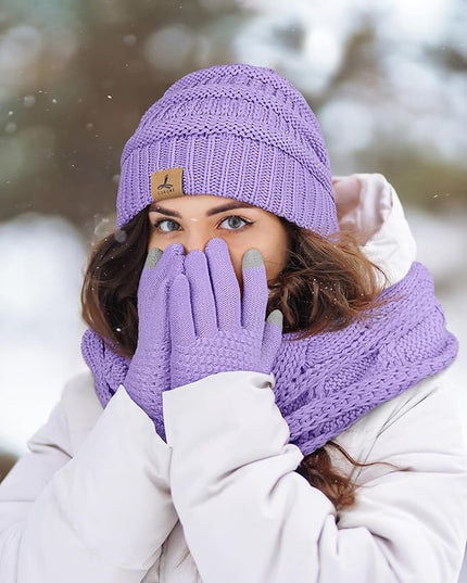 Winter Beanie Hat Scarf Gloves, Warm Fleece Knit Hats Touch Screen Gloves Neck Scarf Set Winter Gifts for Unisex Adult