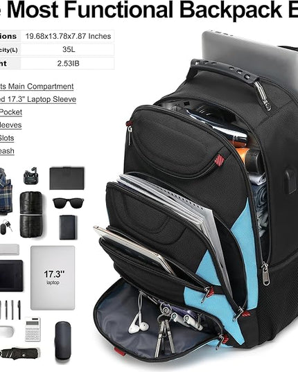 Boavan Laptop Backpack for men, 17.3 inch Laptop Bag with USB Port, Waterproof Travel Work Backpack Purse, Anti-Theft Teacher Nurse Doctor Casual Bookbags Office Business backpack，Black&Sky Blue