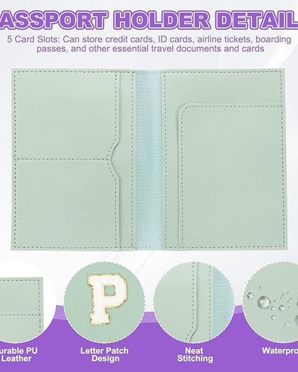 PATIKIL Passport Holder for Travel, Initial Passport Cover and Luggage Tag Set with Alphabet Chenille Letter Patch Travel Wallet Bag Suitcase Identifier for Women Family Travel Green P