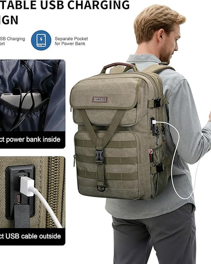 WITZMAN Travel Backpack for Men Large Canvas Laptop Backpack Fit 16 inch Carry on TSA Friendly Flight Approved Vintage Rucksack for Traveling(A8012 Army Green)