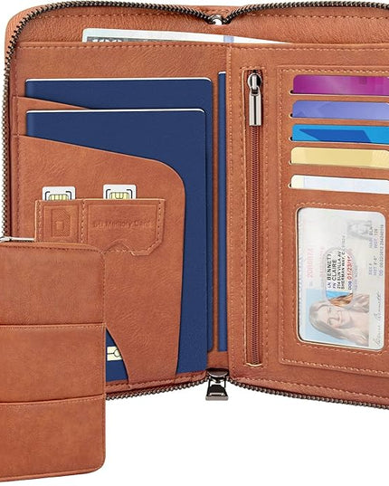 Family Passport Holder Wallet with Zipper, RFID Blocking Travel Document Organizer, PU Leather Passport Wallet for Women Men, Passport Cover Travel Wallet for Boarding Pass, ID, Money, Tickets