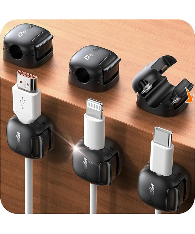 6Pack Cord Organizer - Chfeila [Dual Spring & Clasp Lock] Cable Management Clips, Adhesive Phone Charger Keeper, Compact Wire Holder for Nightstand/Car, Home Office Desk Accessories Decor Essentials