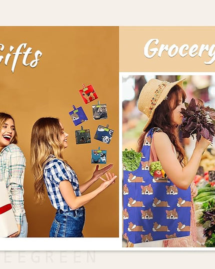 BeeGreen Cute Dog Cloth Gift Bags - Reusable Grocery Bag with Handles Foldable Washable 6 Pack - Extra Large Heavy Duty Tote Bag for Groceries (Bulk Holiday Packable Travel) - Shopping Bags for Women