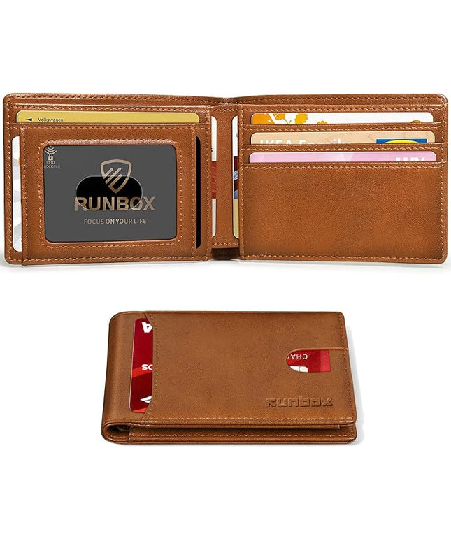 RUNBOX Wallet for Men Slim 11 Credit Card Holder Slots Leather RFID Blocking Small Thin Men's Wallet Bifold Minimalist Front Pocket Large Capacity Gift Box