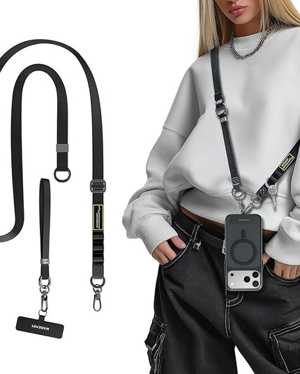 MAGEASY 2-IN-1 Cell Phone Lanyard Crossbody + Wrist Strap with Phone Tether Tab & Accessory Loop & Keychain Compatible with iPhone Most Smartphones | Click and Go Strap for Travel Anti Theft (Black)