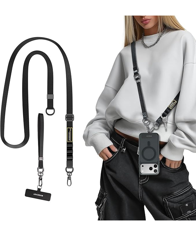 MAGEASY 2-IN-1 Cell Phone Lanyard Crossbody + Wrist Strap with Phone Tether Tab & Accessory Loop & Keychain Compatible with iPhone Most Smartphones | Click and Go Strap for Travel Anti Theft (Black)