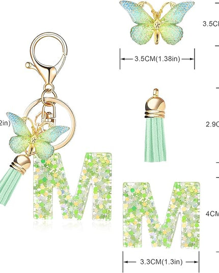 Fashion Alphabet Initial Letter Keychain Tassel Butterfly Pendant Key Ring for Purse Handbags Women Girl