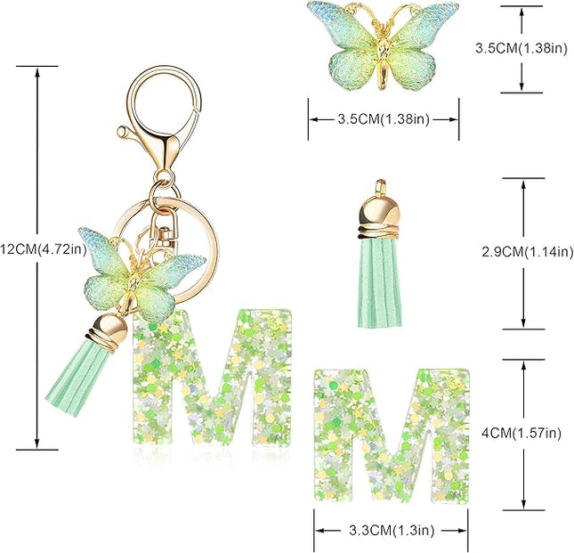 Fashion Alphabet Initial Letter Keychain Tassel Butterfly Pendant Key Ring for Purse Handbags Women Girl