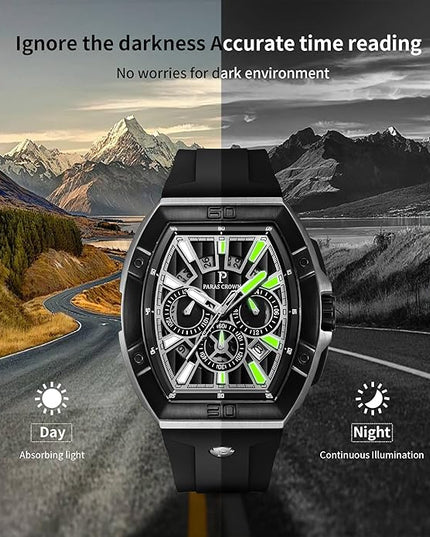 Paras Crown Watches for Men Tonneau 5ATM Waterproof Quartz Luxury Chronograph Analog Men's Wrist Watches Stainless Steel Case Mens Watches