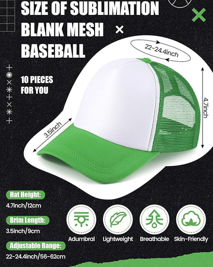 10 Pcs Sublimation Blank Trucker Hats Bulk Mesh Baseball Cap Polyester Mesh Trucker Hat for Men and Women