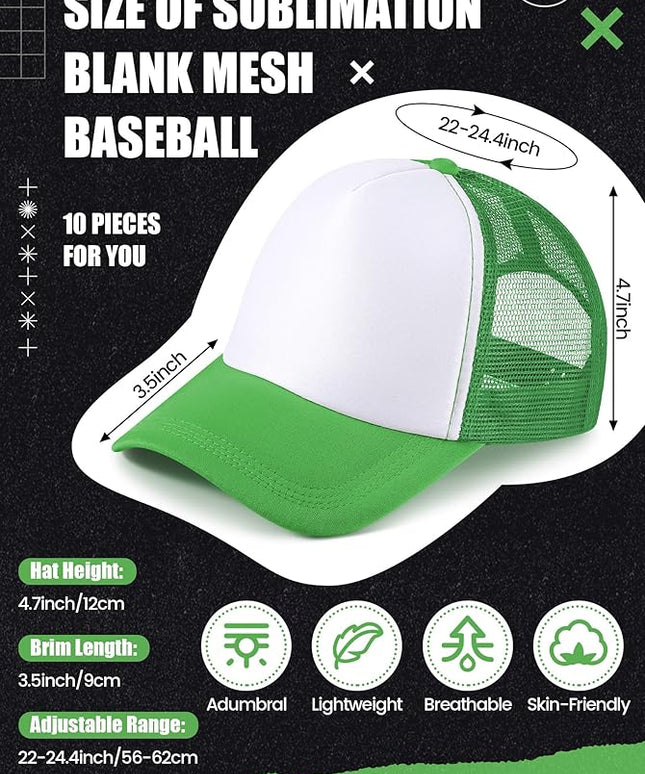 10 Pcs Sublimation Blank Trucker Hats Bulk Mesh Baseball Cap Polyester Mesh Trucker Hat for Men and Women