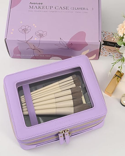 Aveniee Clear Makeup Bags, Double Layer Cosmetic Bags with a Separate Brush Compartment, Large Travel Toiletry Bag Train Case for Women, Travel Accessories Organizer.2 Layers Large, Lilac