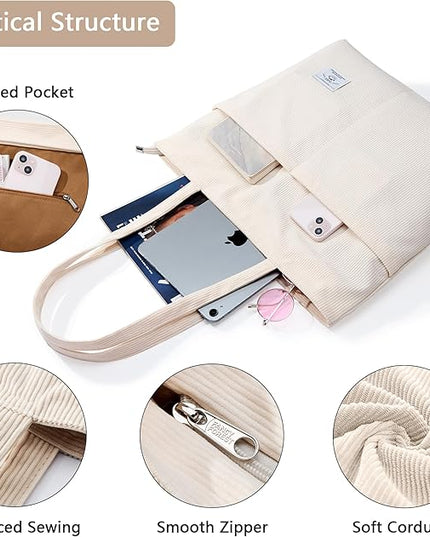KALIDI Women Corduroy Tote Bag Zipper Casual Tote's Handbag Big Capacity Shoulder Bag with Pockets