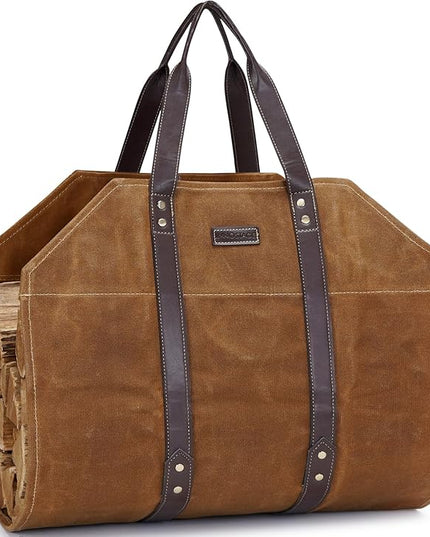Canvas Firewood Log Carrier Bag, Waxed Durable Wood Tote of Fireplace Stove Accessories, Extra Large Hay Hauling with Handles for Outdoor Camping-Rust