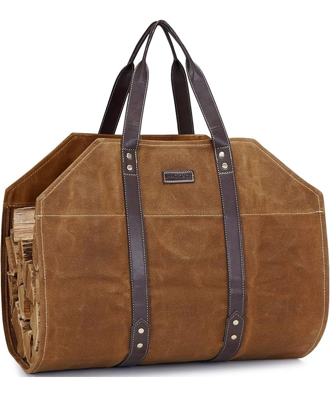 Canvas Firewood Log Carrier Bag, Waxed Durable Wood Tote of Fireplace Stove Accessories, Extra Large Hay Hauling with Handles for Outdoor Camping-Rust