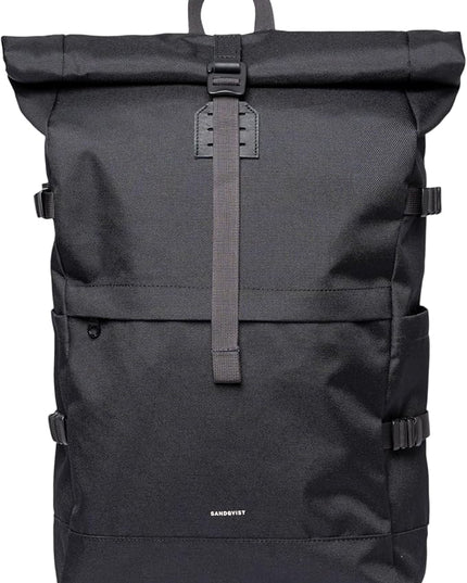 Sandqvist Men's Icon Large Rolltop Backpack, Black With Black Leather, One Size