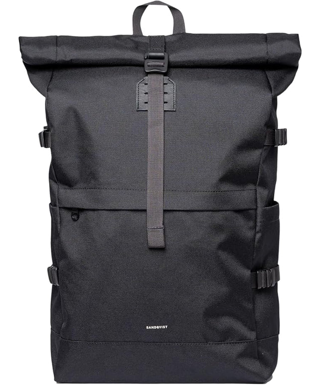 Sandqvist Men's Icon Large Rolltop Backpack, Black With Black Leather, One Size