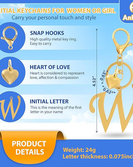 A-Z Heart Initial Letter Keychain, Stainless Steel Alphabet Charm for Handbags, Gift for Women and Girls