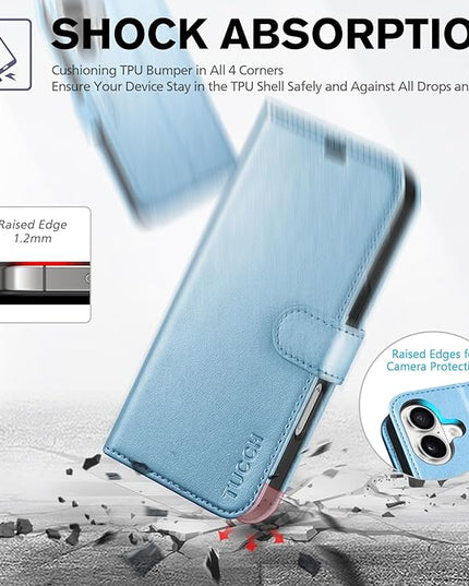TUCCH Case Wallet for iPhone 16 5G, [RFID Blocking] 4 Card Holder Stand [Shockproof TPU Interior Case] PU Leather Magnetic Protective Flip Cover Compatible with iPhone 16, Shiny Light Blue
