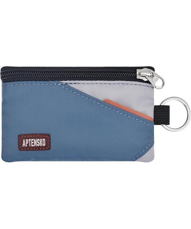 RFID Travel Wallet with Adjustable Lanyard-Zipper Small Wallet with ID Card Holder, Keychain for women&men-Minimalist Slim Waterproof Nylon case for ID, Cash, Key (SlateBlue+Grey)