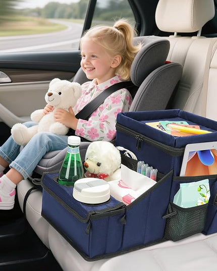 Car Seat Organizer, Backseat Car Organizer with Cup Holder Tray and Storages for Kids and Adults, Portable Travel Cooler for Car for Front or Back Seat Passenger Organizer Ccompartment (Navy Blue)