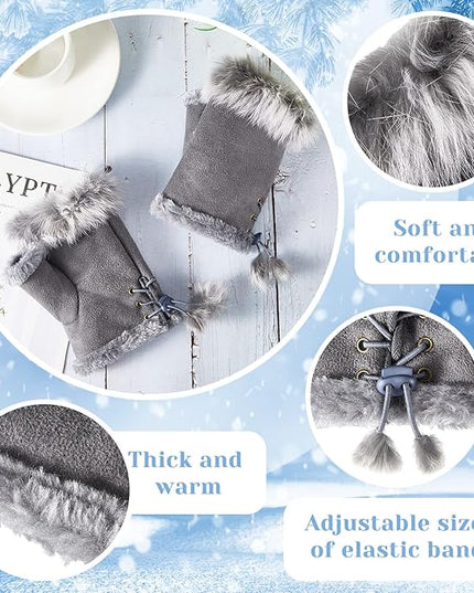 SATINIOR Women Fur Fingerless Gloves Winter Rabbit Fur Lined Half Finger Mittens for Women Girls Teen Working Writing