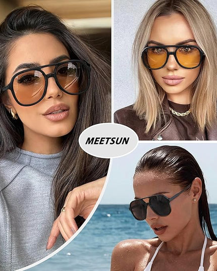 MEETSUN Retro Oversized Aviator Sunglasses for Women Men Trendy 70s 80s Vintage Square Aviators 3 Pack UV400