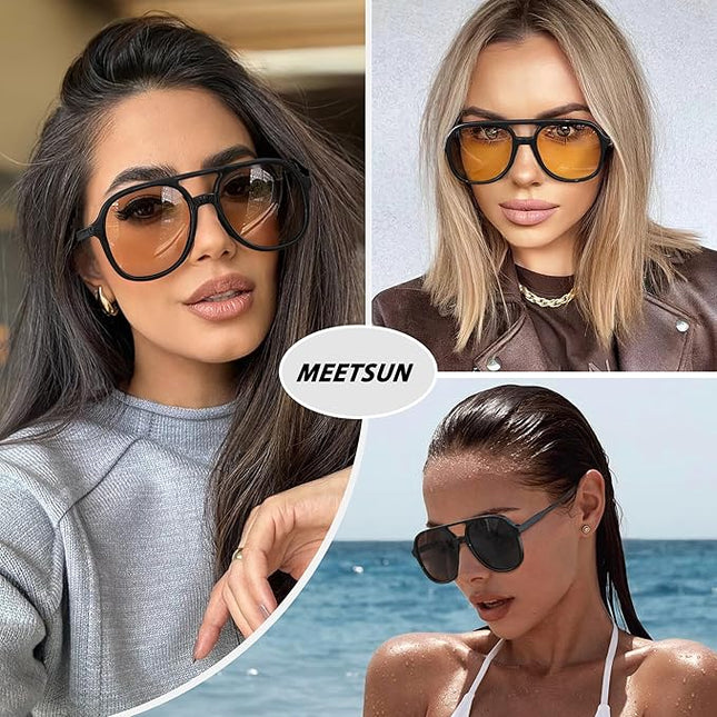 MEETSUN Retro Oversized Aviator Sunglasses for Women Men Trendy 70s 80s Vintage Square Aviators 3 Pack UV400