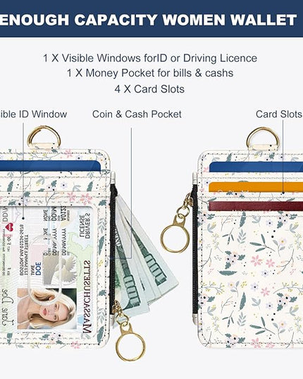Slim Wallet Credit Card Holder, Green and pink floral print X, RFID Wallet Women Cute Small Front Pocket Wallet With Zipper, PU Leather Thin travel RFID Blocking Card Case ID Window ,Ladies Gifts