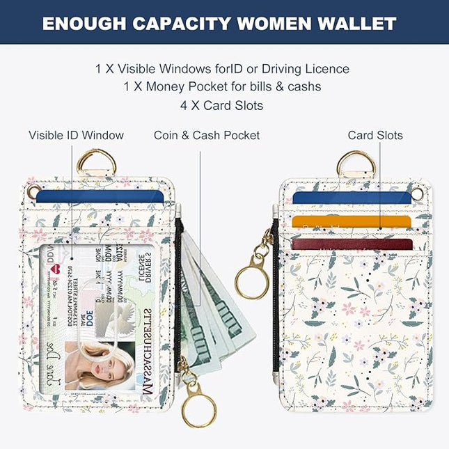 Slim Wallet Credit Card Holder, Green and pink floral print X, RFID Wallet Women Cute Small Front Pocket Wallet With Zipper, PU Leather Thin travel RFID Blocking Card Case ID Window ,Ladies Gifts