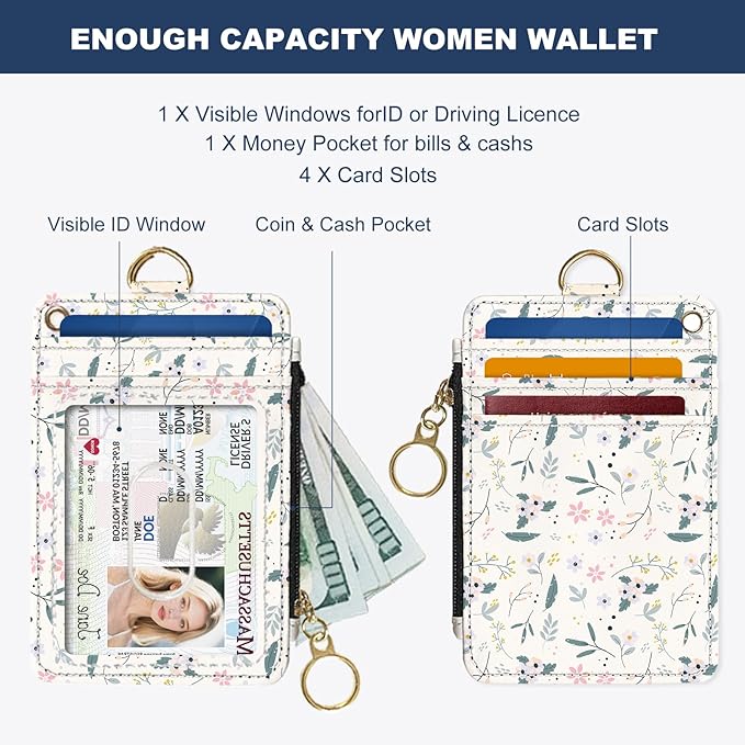 Slim Wallet Credit Card Holder, Green and pink floral print X, RFID Wallet Women Cute Small Front Pocket Wallet With Zipper, PU Leather Thin travel RFID Blocking Card Case ID Window ,Ladies Gifts