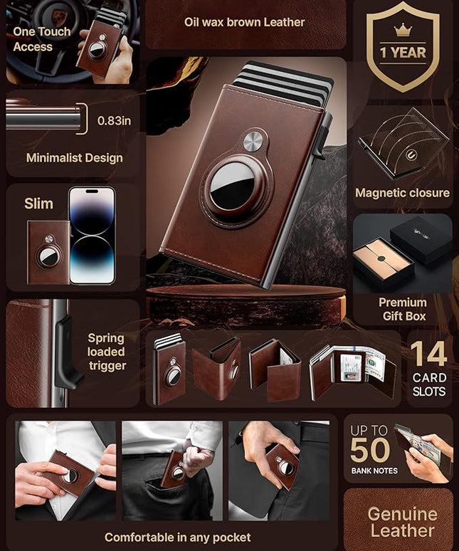 typecase Mens Wallet Card Holder for AirTag: Leather Smart Wallet for Men Compatible with Apple Air Tag, RFID Blocking, Slim, Minimalist - 9-14 Card Capacity | ID Window | Cash Slot (Brown)