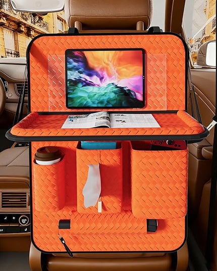 Car Back Seat Organizer, Black Woven Leather Storage Bag, Multifunctional Rear Seat Protector with Tablet Holder, 25.2x17.7 Inches, Abrasion Resistant (Orange)