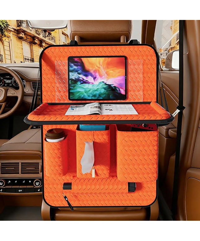 Car Back Seat Organizer, Black Woven Leather Storage Bag, Multifunctional Rear Seat Protector with Tablet Holder, 25.2x17.7 Inches, Abrasion Resistant (Orange)